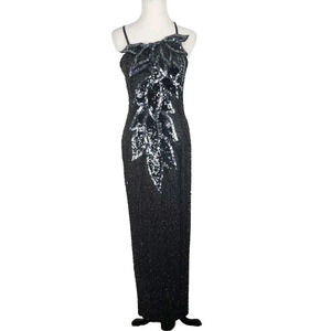 Vintage Black Tie By He-Ro Silk Beaded Sequin Evening Cocktail Dress Size 10